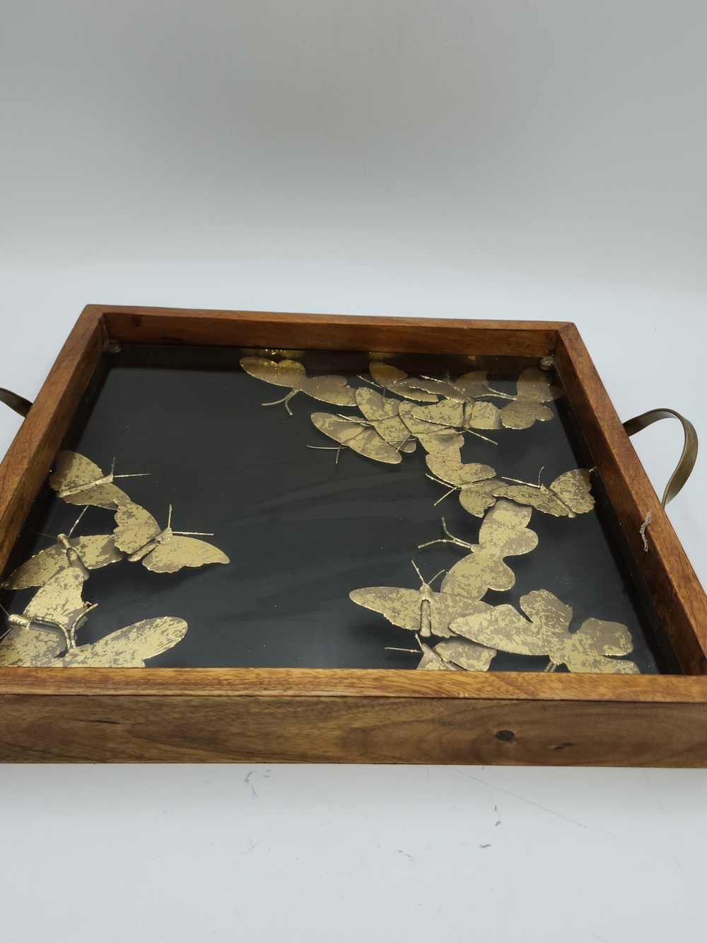 Peir 1 Vintage Gold Butterfly Serving Tray Glass Top Wood Frame Brass Handles
